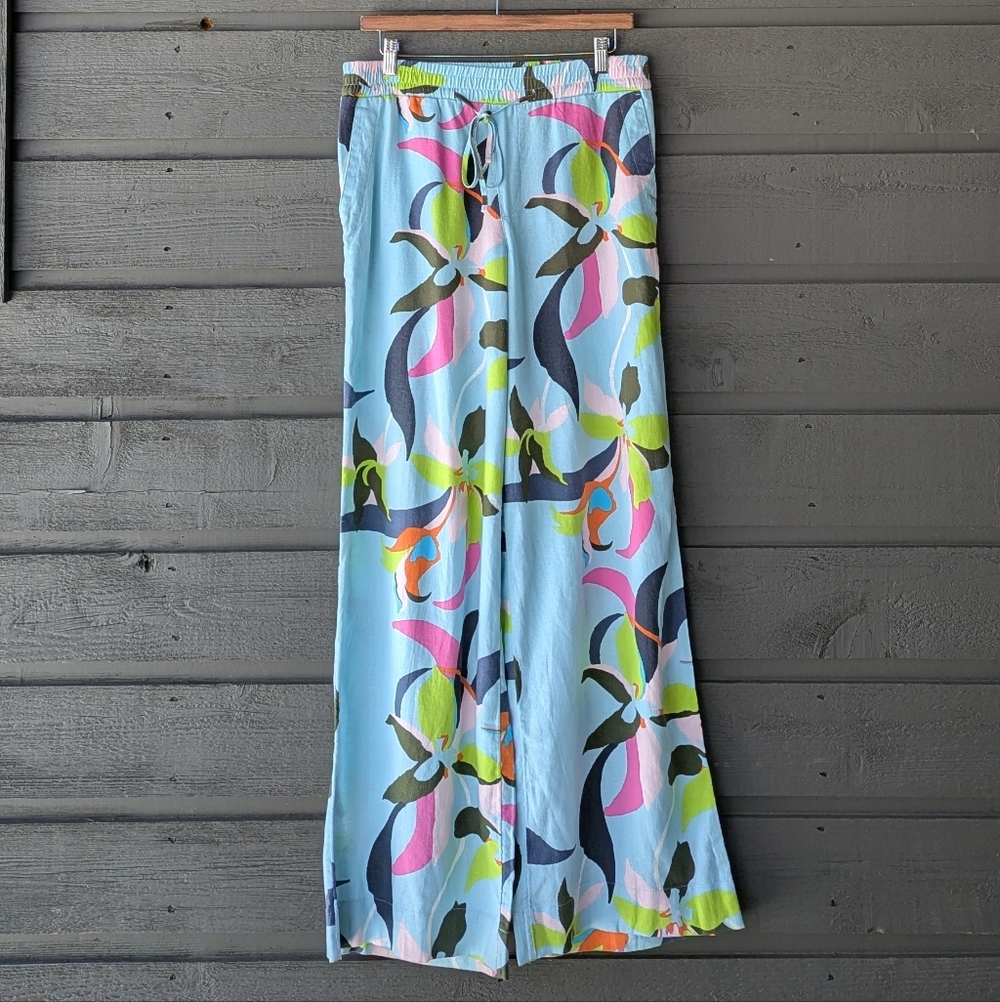Tropical Wide Leg Linen Blend Wide Leg Palazzo Pants Drawstring Waist Medium
